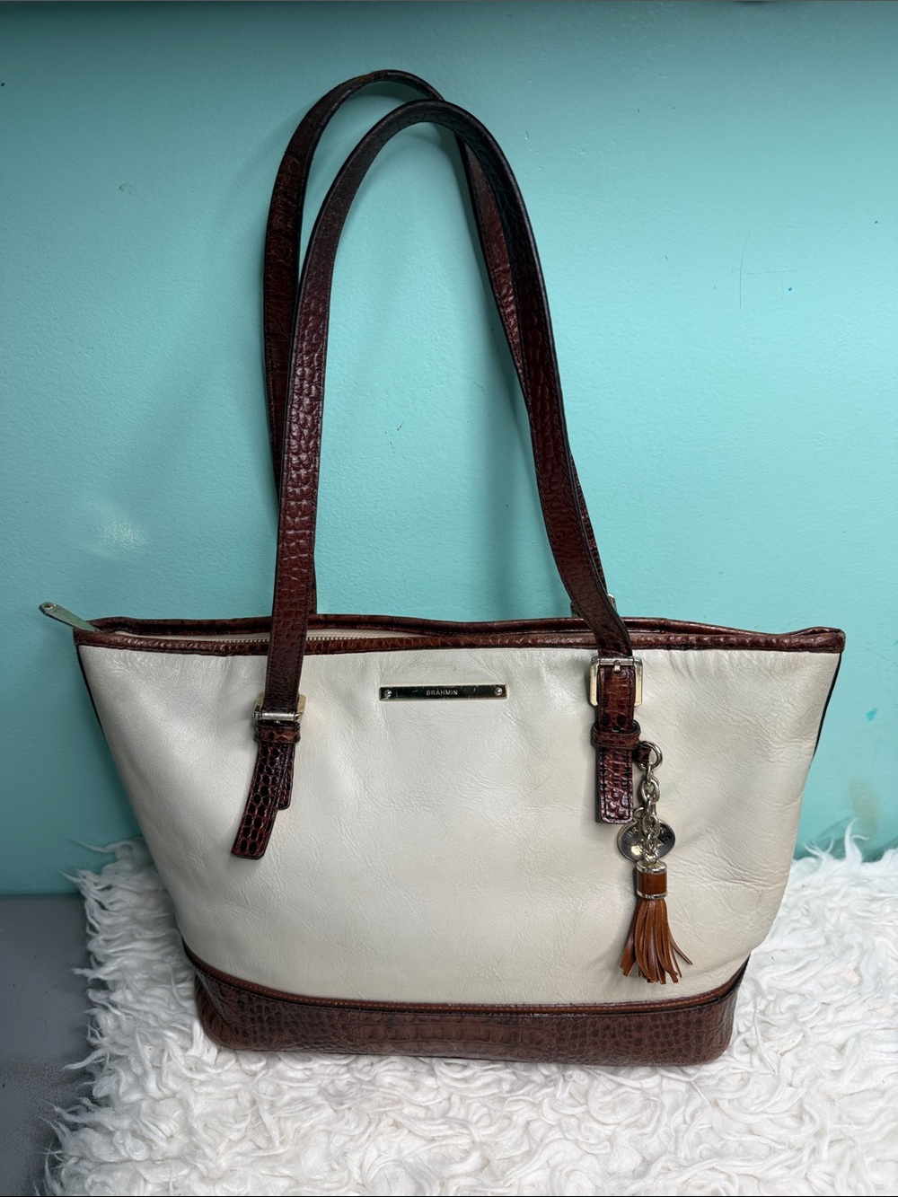 Brahmin Asher Cream and Brown Leather Tote Bag with Tassel Charm